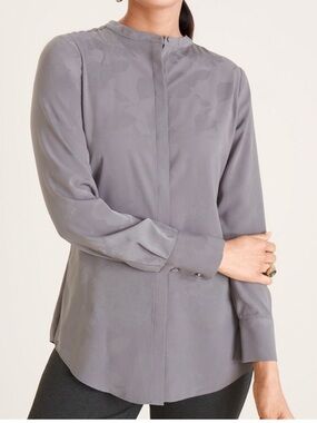 Chico’s | Floral Jacquard Satin Button Down Blouse Top Career Office Gray Large